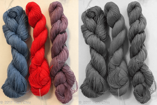 side-by-side color and b/w phtos of the same three skeins of yarn