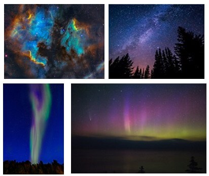 Collage of four photos showing nebula, the northern lights, and the night sky. all images have blue, green, purple, and yellow in them.