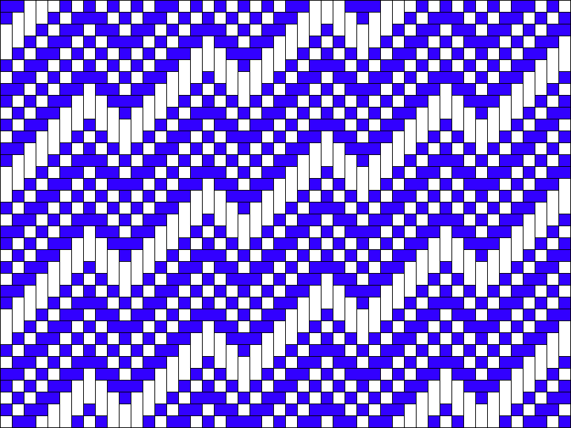 Drawdown of the twelve-shaft draft in blue and white, showing large undulating chevrons with softly shaded areas between them.
