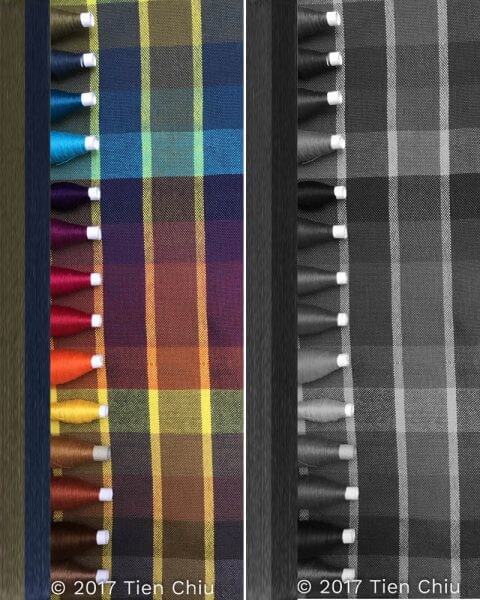 a gamp woven with a rainbos of weft colors on the left, with the same gamp shown in black and white on the right